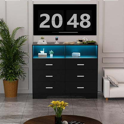 Dresser with Power Outlets and LED Lights Wooden 6 Drawer Dresser with Large - Image 2