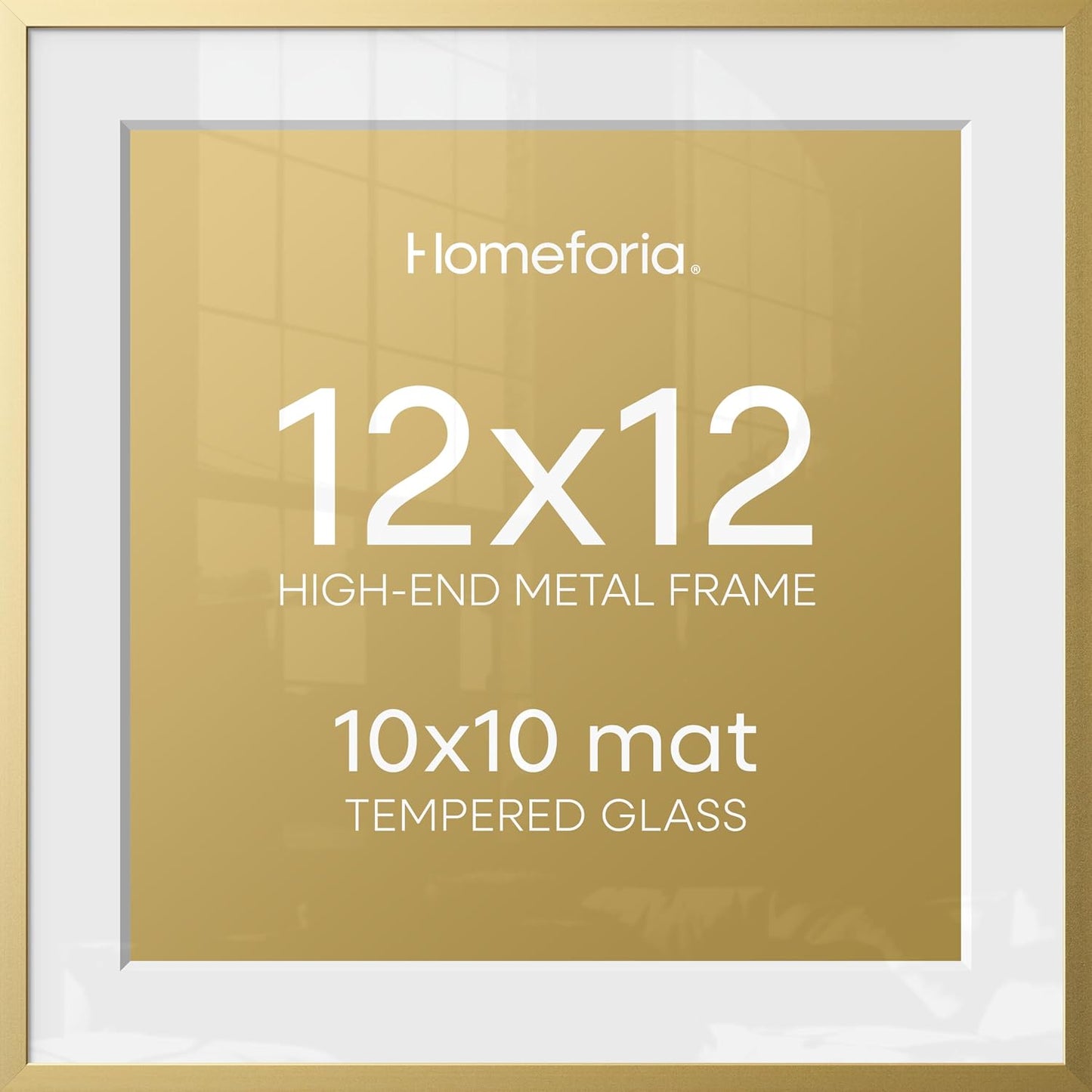 12x12 Gold Picture Frame, High-End Metal, 10x10 Mat, Glass | High End Aluminum, Tempered Glass, Acid-Free 10x10 Removable Mat, 12x12 in Edge-to-Edge Display 12x12, Wall Kit, Set Of 1