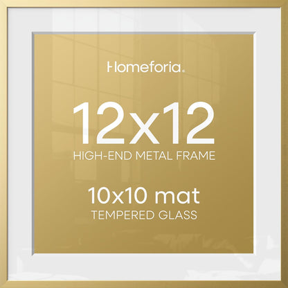 12x12 Gold Picture Frame, High-End Metal, 10x10 Mat, Glass | High End Aluminum, Tempered Glass, Acid-Free 10x10 Removable Mat, 12x12 in Edge-to-Edge Display 12x12, Wall Kit, Set Of 1
