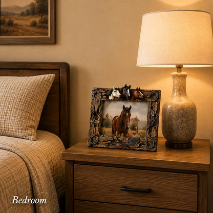 Comfy Hour Horse Figurine Photo Frame 10.7 Inch, Western Picture Frame for 5x7 Photos, Rustic Brown Resin Cowboy Decor for Desk, Mantel, Office