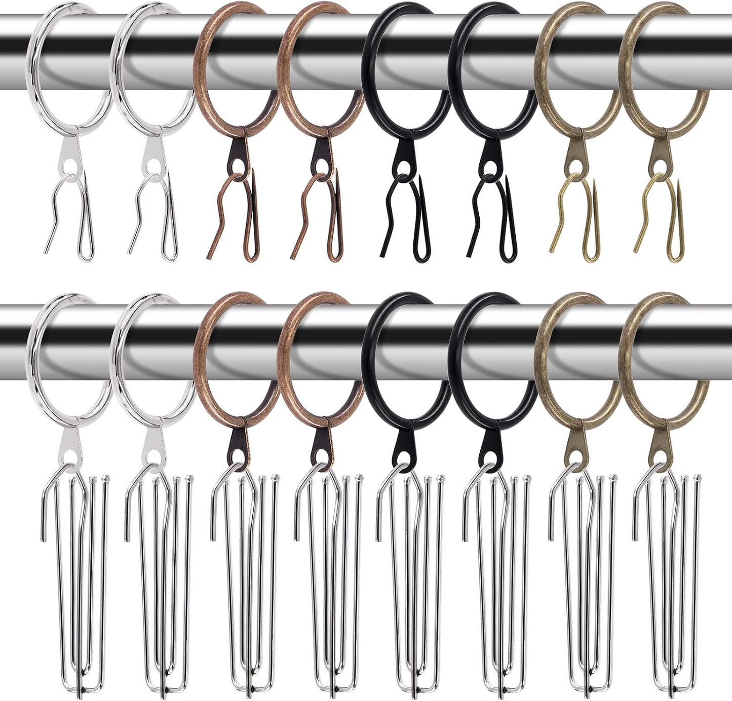 Glarks 120Pcs Antique Bronze Metal Drapery Curtain Hanging Rings with Stainless Steel 4 Prongs Curtain Pleat Hooks and Curtain Pin Hooks for Window Door Bathroom Curtain, 30mm Internal Diameter