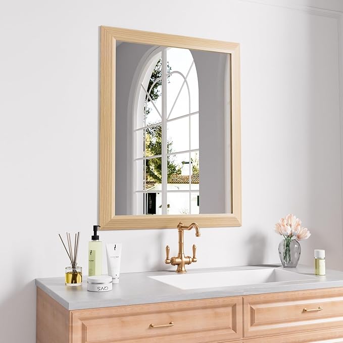 Amorho Bathroom Mirror, 24x30 Inch Wall Mirror, Oak Wood Grain Metal Framed by Amorho