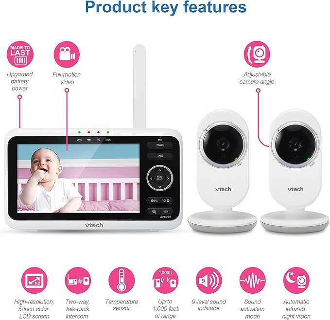 VTech VM350-2 Baby Monitor, 2 Cameras, 1000ft Range, Night Vision, 2-Way Audio - Image 2
