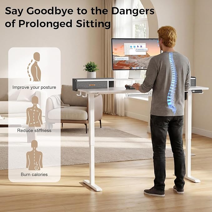 Electric Standing Desk with Drawers, 63 Inch Height Adjustable Desk with Power - Image 4