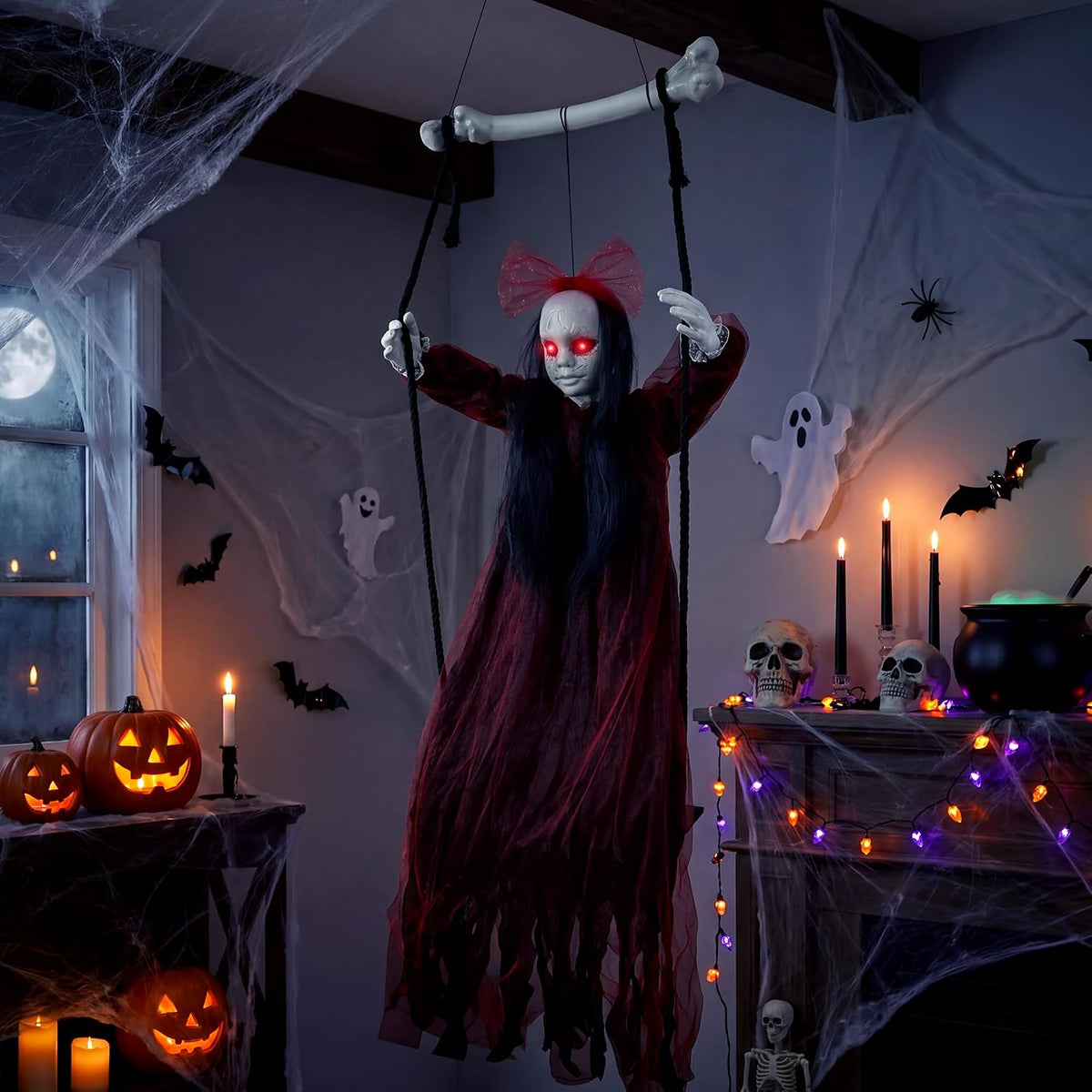 Halloween Decorations Outdoor, Creepy 57” Hanging Swinging Ghost Doll Girl, S...