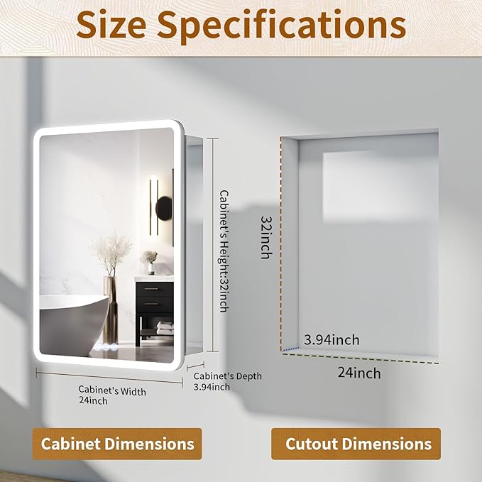 BEAUTYPEAK 24 x 32 LED Bathroom Medicine Cabinet Mirror, Adjustable Shelves - Image 2