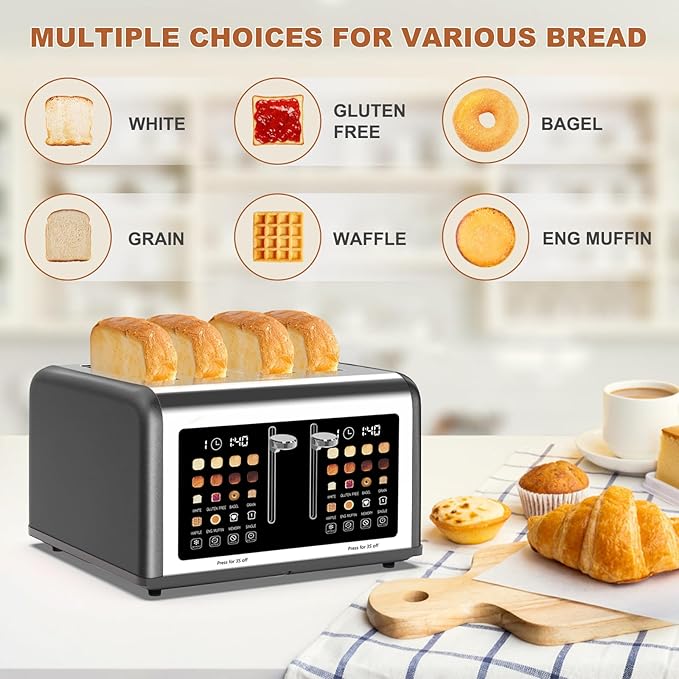4 Slice Toaster Touch Screen, Stainless Steel Toasters Digital Timer, Dual - Image 4