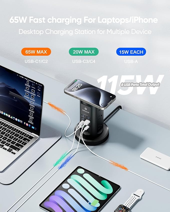 Kakyanill 115W USB Charging Station, Surge Protector Power Strip Tower - Image 3