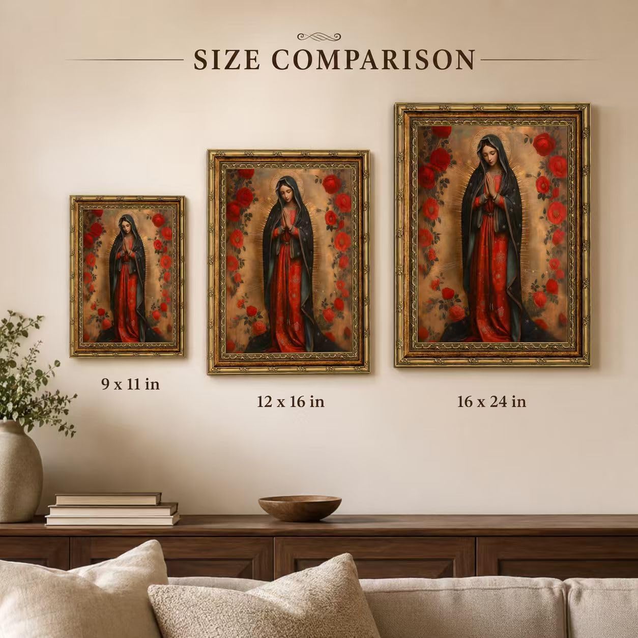 SQHVFXWR Golden Frame Our Lady of Guadalupe Canvas Wall Art with Religious Virgin Mary Painting Decor for Home Church Office - Red Rose & Halo Blessed Virgin Artwork16x24in