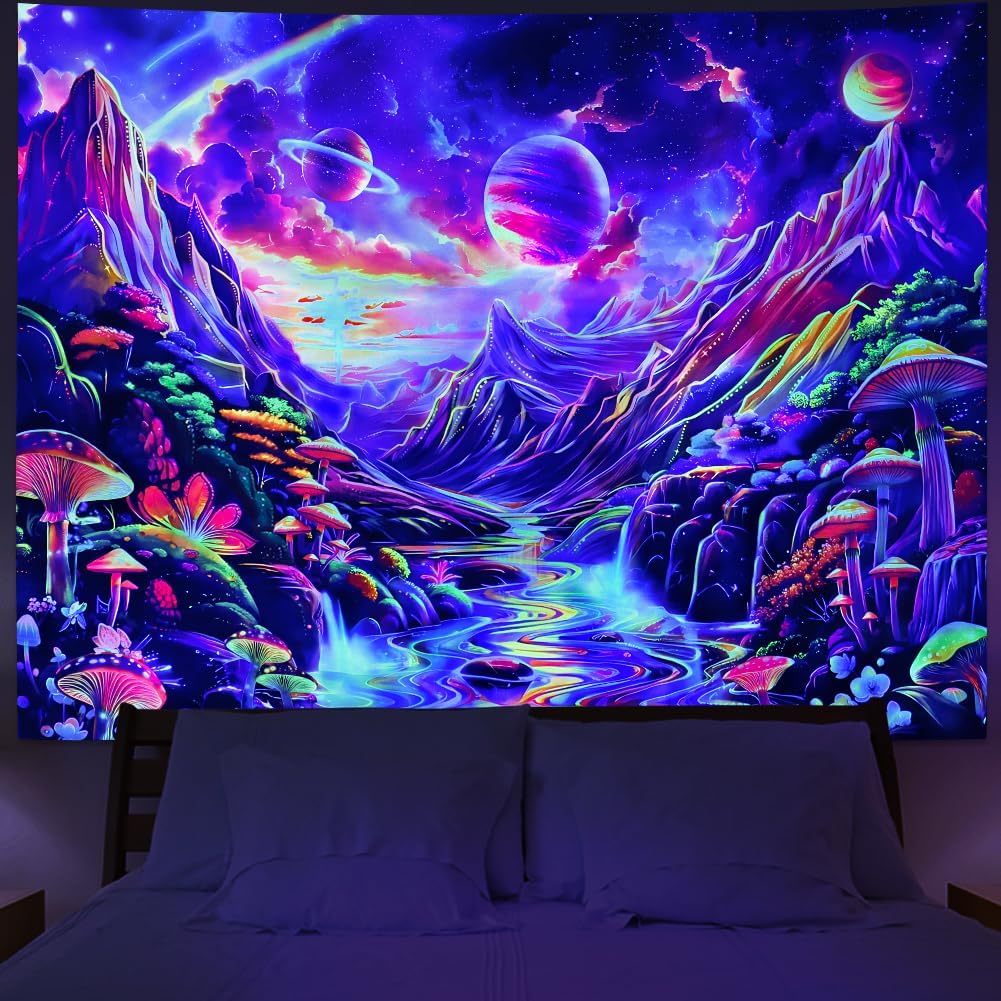 Lahasbja Blacklight Galaxy Planet Tapestry UV Reactive Mushroom Wall Hanging Fantasy Starry Stars Mountain Landscape Blacklight Poster Rainbow River Scenery Background for Bedroom