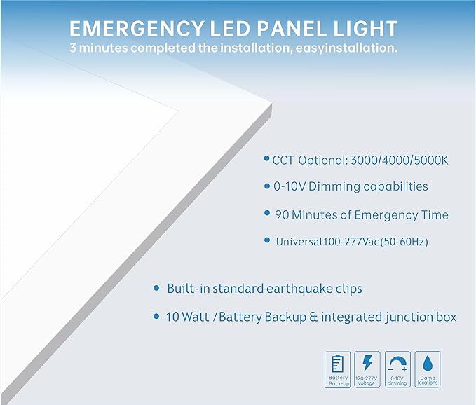 2X2 LED Flat Panel Light Emergency Battery Backup, 40W-3000K/4000K/5000K - Image 4