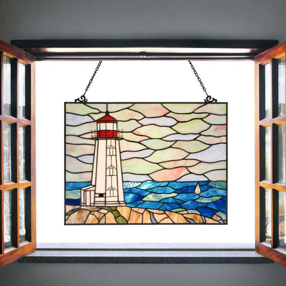 Bieye W10066 Peggy's Point Lighthouse Tiffany Style Stained Glass Window Hangings Panel, 19" W x 14.4" H