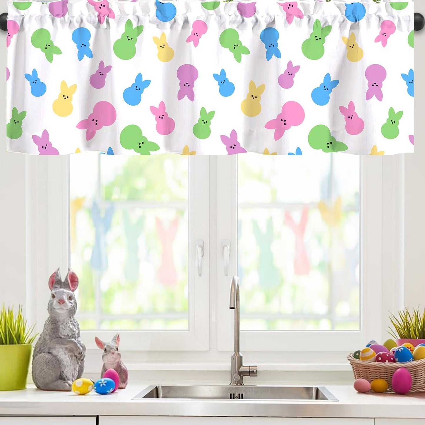Limike Kitchen Valances for Windows 54" x 18", Colorful Bunny Kitchen Curtains Valances, Decorations for Windows, Cute Window Treatments Drapes for Bedroom Living Room, 1 Panel