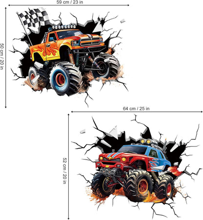 decalmile 2 Racing Cars Trucks Break Through Wall Decals Stickers