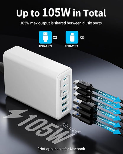 USB C Fast Charger, 105W GaN 6-Port Desktop USB Charging Station Hub, USB C - Image 3