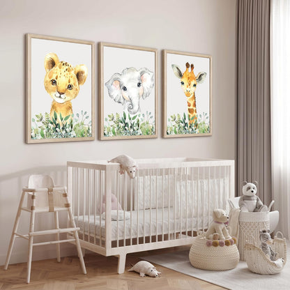 Baby Safari Nursery Wall Decor - Set of 3 Pictures Cute Animal Wall Prints on Canvas Jungle Nursery Safari Decor gifts for Baby Boys and Girls Room, Framed Wall Art (Framed 12 x16in)