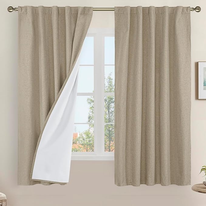 LAMIT 100% Blackout Linen Curtains, 63 Inches Linen Textured Thermal Bedroom by LAMIT