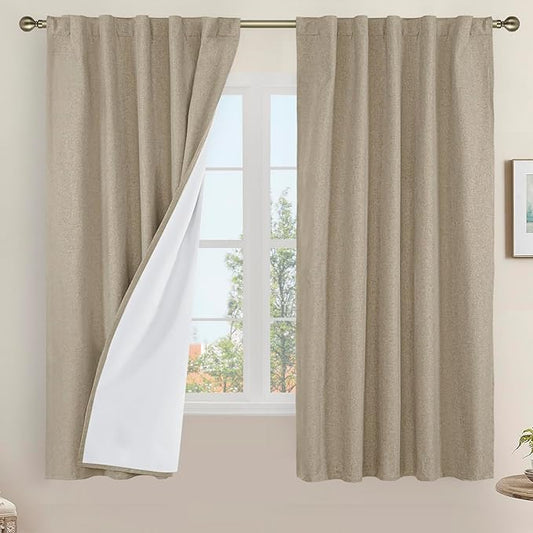 LAMIT 100% Blackout Linen Curtains, 63 Inches Linen Textured Thermal Bedroom by LAMIT