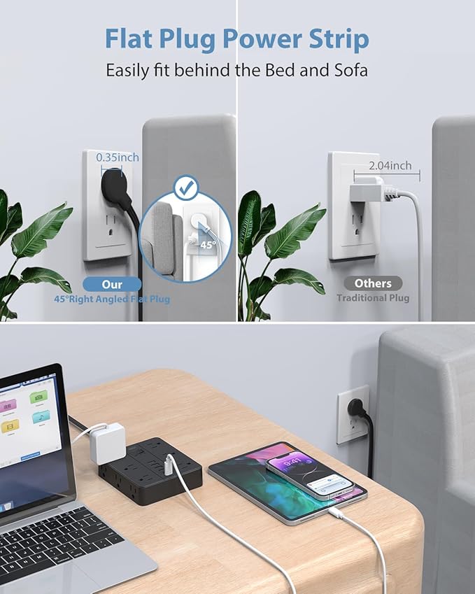 Power Strip Flat Plug with 12 Outlets 6 USB, SMNICE Surge Protector Charging - Image 6