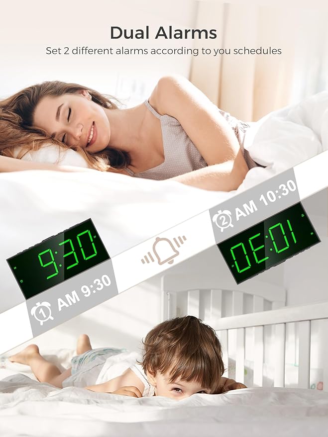 PPLEE Digital Alarm Clock for Bedroom, 2 Alarms Large Big Numbers Display - Image 5