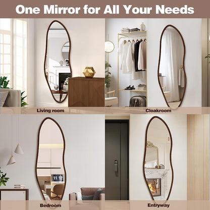 Irregular Full Length Mirror, 65"x22" Wood Full Body Mirror Walnut | HD Shatter-Proof, Large Asymmetrical Wall Mirrors for Decor, Bedroom Living Room Entryway Cloakroom, Horizontal/Vertical