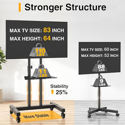 TVON Rolling TV Stand for 32-83 inch Flat Screen/Curved TVs up to 110 lbs - Image 6