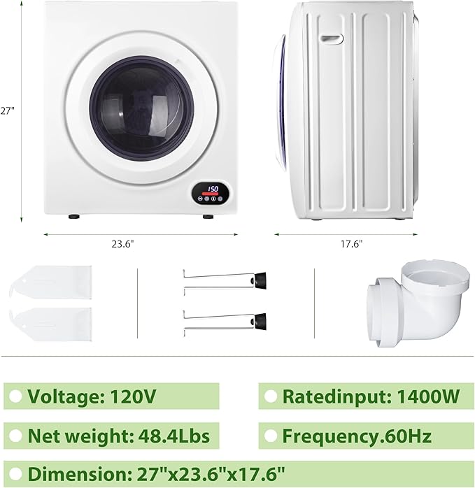 Euhomy Compact Laundry Dryer, 2.65 cu ft Front Load Stainless Steel Clothes - Image 6