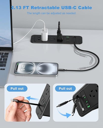 Recessed Power Strip with Retractable USB C Cable, 2 PD 20W USB C, Flush Mount - Image 2