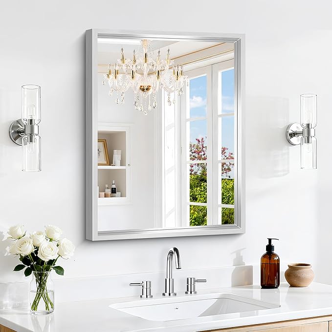 18x24 Silver Bathroom Mirror, Brushed Silver Rectangular Mirror by WelcometoCIVENO