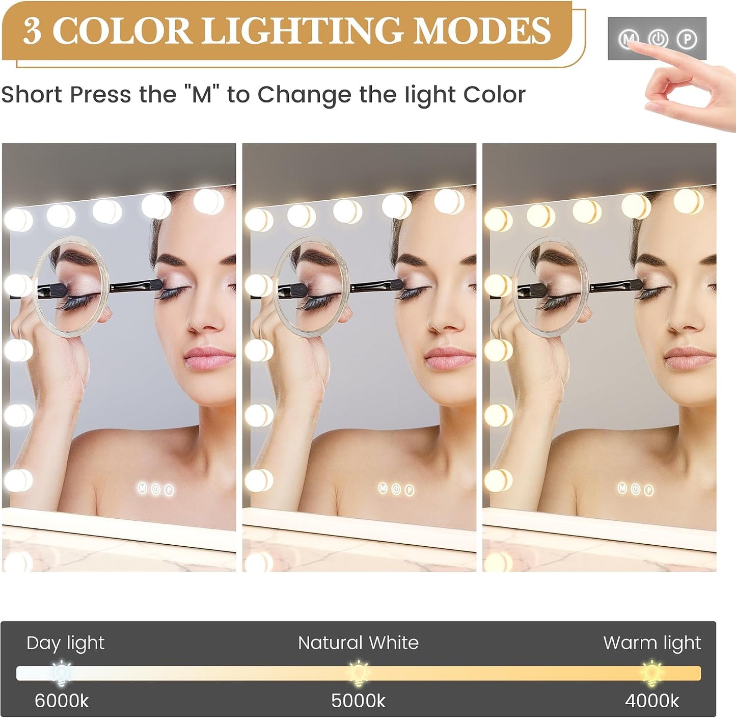 IDEALHOUSE Vanity Mirror with Lights, 15 Dimmable LED Bulbs, 3 Color Modes, Stepless Dimming, Touch Control, USB Charging Port, Tabletop or Wall Mount, 3X Mirror