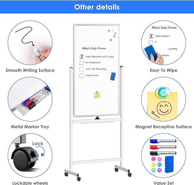 Magnetic Mobile White Board, 48 x 24 Double Sided Dry Erase Board Rolling - Image 6