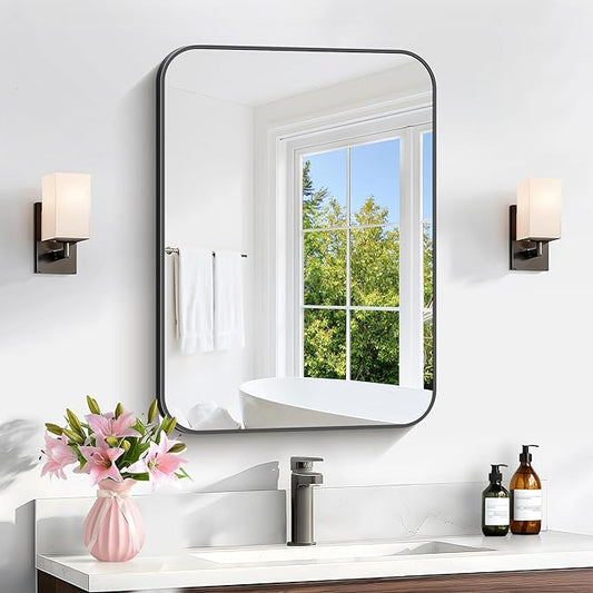Bathroom Mirror, 18 x 24 inch Metal Framed Black Rectangle Mirror, Rounded by WelcometoCIVENO