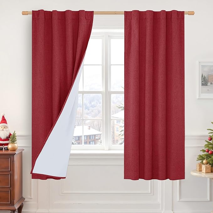 LAMIT Red 100% Blackout Linen Curtains, 63 Inches Linen Textured Thermal by LAMIT