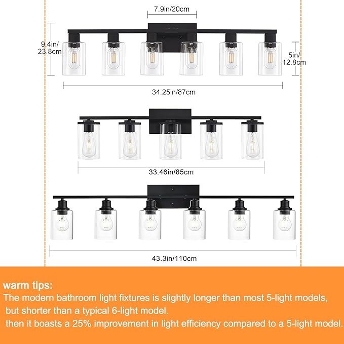 Black Bathroom Light Fixtures, 6-Light Bathroom Lighting Fixtures Over Mirror - Image 5