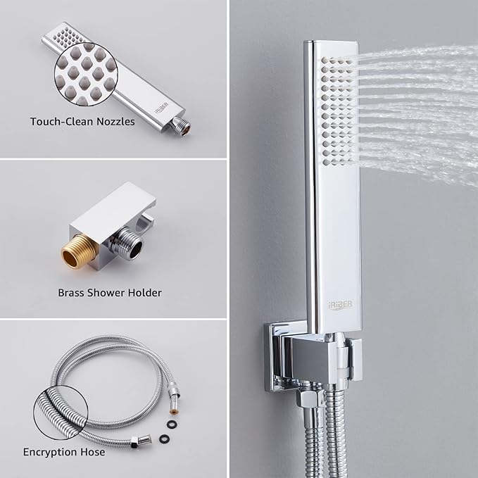 Iriber 12 Inch Bathroom Shower System Polish Chrome Wall Mounted Square Mixer - Image 4