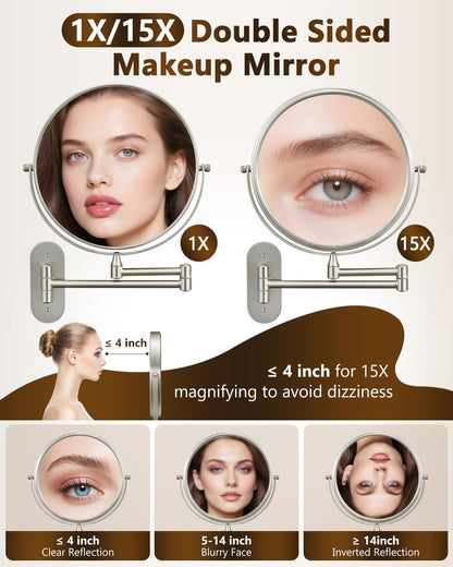 DECLUTTR 9 Inch Wall Mounted Makeup Mirror, 15X Magnification Double Sided Swivel Extendable Bathroom Mirror