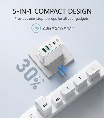 2Pack USB C Fast Charger Block, 60W 5-Port USB Wall Charger Brick, 2 USB A & 3 - Image 6