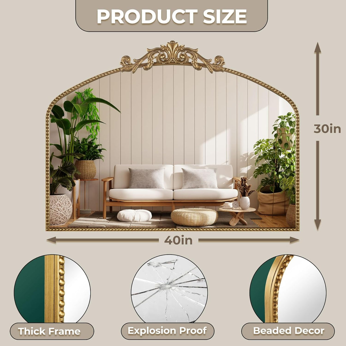 Vintage Gold Baroque Wall Mirror 40"x30", Arched Beaded Frame | Vintage Wide Horizontal Design, Tempered Glass, Ideal for Living Rooms, Entryways, Bathrooms and Above Fireplaces