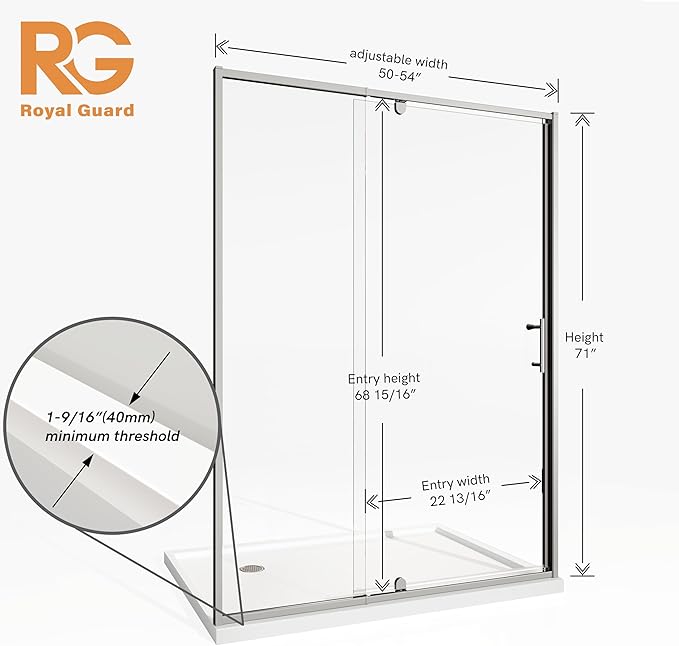 50-54" W x 71" H Pivot Swing Glass Shower Door, Pivot Frame Shower Door - Image 8