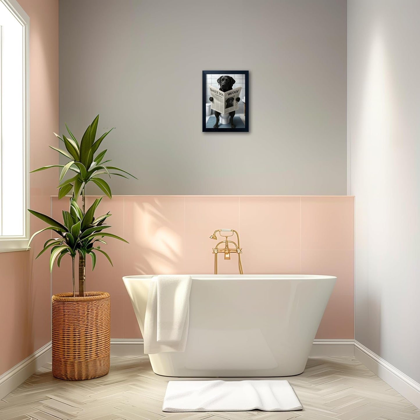 Funny Dog Bathroom Wall Art - Framed Black and White Bathroom Wall Decor, Humorous Dog Picture Wall Decor with Cute Animal Canvas, Modern Farmhouse Style Restroom Sign Art for Toilet & Washroom 8"x10"