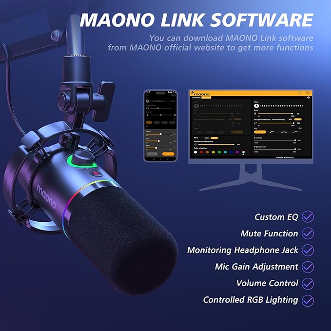 MAONO XLR/USB Dynamic Microphone Kit, RGB Podcast Mic - Image 3