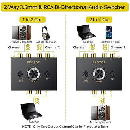 PROZOR 3.5mm & RCA Bi-Directional Audio Switch, 2-in-1-Out / 1-in-2-Out Passive - Image 2
