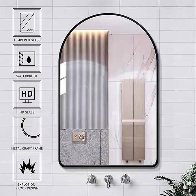 24x36 Inch Premium Black Arched Tempered Glass Mirror Shatter Resistant No - Image 4