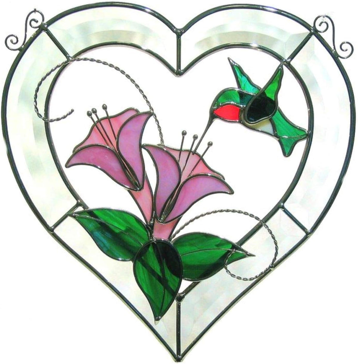 Ruby Throated Hummingbird and Pink Flowers Stained Glass Panel – Beveled Heart Frame with Silver Finish – 11 x 11 Inches – Includes Clear Filament Fishing Line and Hook for Hanging