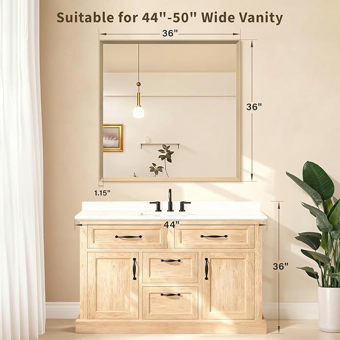 Oak Wood Effect Framed Wall Mirror, 36x36 Rectangle Mirror, Anti-desilvering - Image 2