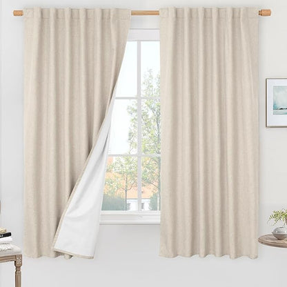 LAMIT 100% Blackout Oatmeal Linen Curtains, 63 Inches Linen Textured Thermal by LAMIT