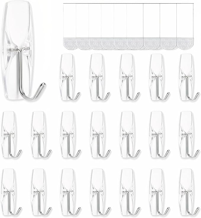 Medium Clear Wall Hooks, 18 Hooks+24 Removable Strips, Wire Hooks by MOVELYST