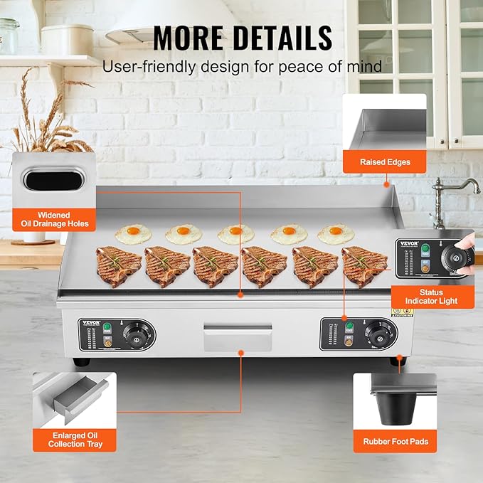 VEVOR Commercial Electric Griddle, 2800W Countertop Flat Top Grill, 122℉-572 ℉ - Image 6