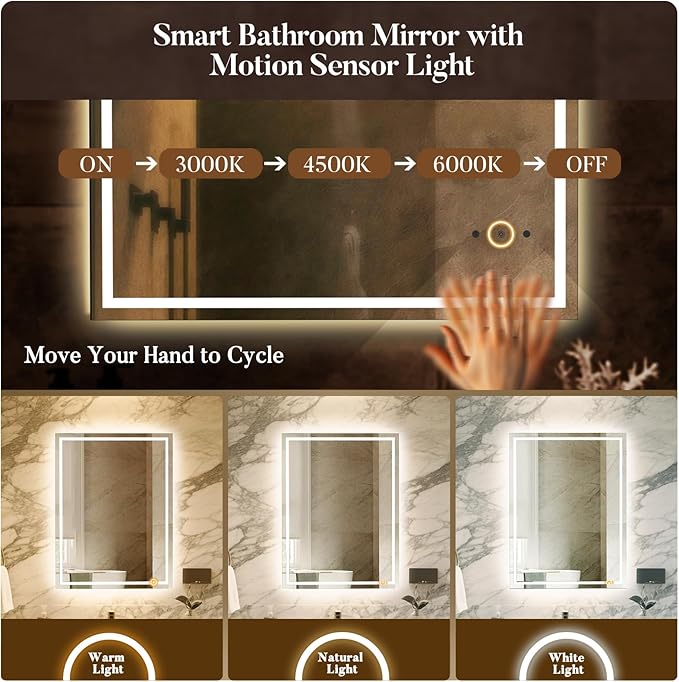 LED Bathroom Mirror with Lights, Hand Wave, Tempered Glass, Shatter-Proof - Image 3