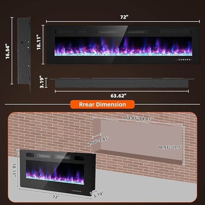 Electric Fireplace-72 inch Fireplace Wall Mount/Recessed/Free Standing-Ultra - Image 7